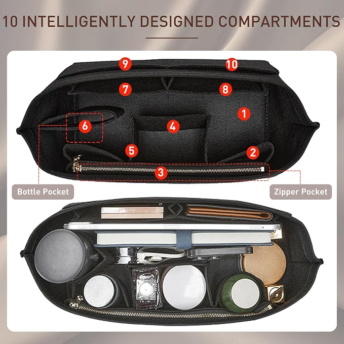 Purse Organizer Insert for Handbags & Base Shaper 2pc Set, Felt Neverfull MM Organizer Insert, Tote Bag Organizer with Zipper Pocket and Bottle Holder, Fit Speedy 30 Neverfull MM and More,Black-L - Image 4