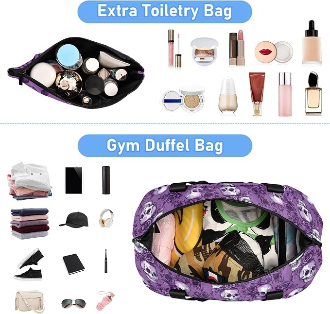 Travel Duffel Tote Bag Purple Rose Skull Sports Duffel Bag with Wet Pocket Weekender Overnight Bag for Women Men Gym Bag, Carry On Bag Hospital Bag for Labor and Delivery - Image 5