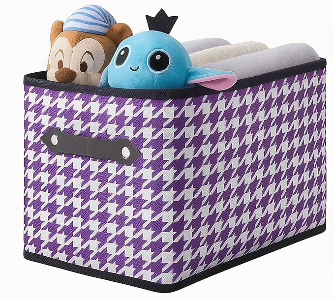 1 Pack Large Collapsible Storage Baskets for Shelves,14.9"x9.5" Fabric Closet storage Boxes with Leather Handles,Decorative Organizers Storage Bins for Clothes,Sheets,Books,(Purple Houndstooth by Yunkeeper