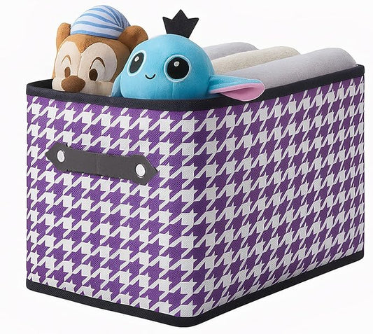 1 Pack Large Collapsible Storage Baskets for Shelves,14.9"x9.5" Fabric Closet storage Boxes with Leather Handles,Decorative Organizers Storage Bins for Clothes,Sheets,Books,(Purple Houndstooth by Yunkeeper