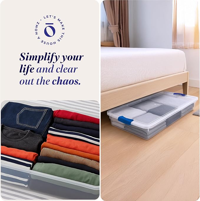 HOMZ Under Bed Clear Plastic Storage Bin w/Lid, 60 Qt, Blue Latch, 2 Pack | Heavy-Duty Stackable Containers, Large Organizer Box for Homes, Offices, and Garages - Image 6