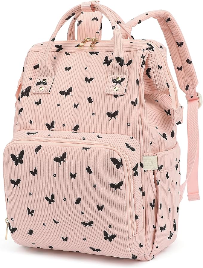 Corduroy Diaper Bag Backpack for Baby Girls Boys, Women Large Nappy Bags for Mom (Pink Corduroy Butterfly) by Yusudan