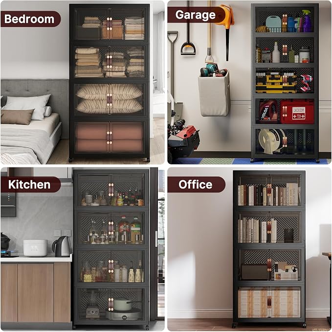 Stackable Storage Bins with Lids, 540QT Lockable Storage Cabinet | Folding Storage Box with Doors and Wheels, Collapsible Plastic Drawers for Home, Garage, Office - Image 9