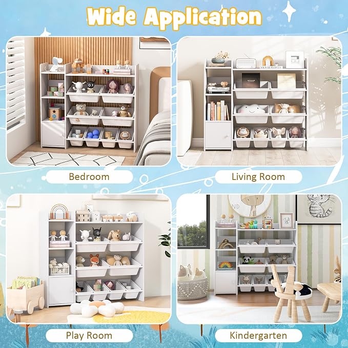 Costzon Kids Toy Storage Organizer, 4-Tier Bookshelf Storage Cabinet w/8 Removable Bins, Preschool Children's Montessori Bookshelf w/Large Cabinet for Playroom, Daycare, Kids Room, Classroom - Image 7