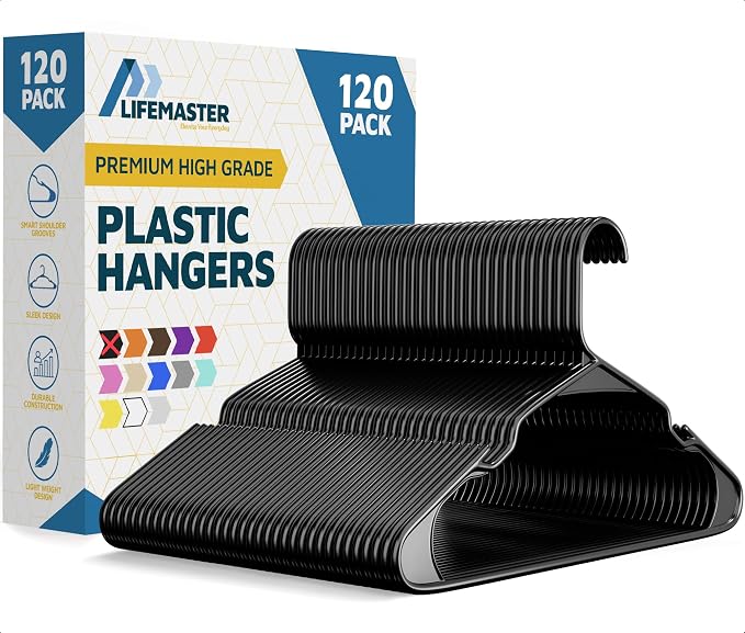 Lifemaster Plastic Clothes Hanger Set - 120 Pieces Versatile, Lightweight, Space-Saving, Non-Slip, Slim Designed, Dry and Wet Clothes Hanger Set - Black by LIFEMASTER