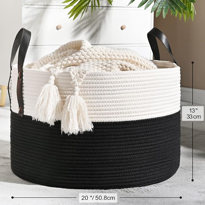KAKAMAY Large Blanket Basket (20"x13"),Woven Baskets for storage Baby Laundry Hamper, Cotton Rope Blanket Basket for Living Room, Laundry, Nursery, Pillows, Baby Toy chest (White/Black) | Extra Large Capacity | Natural Cotton Rope | Blanket Storage | W... - Image 6