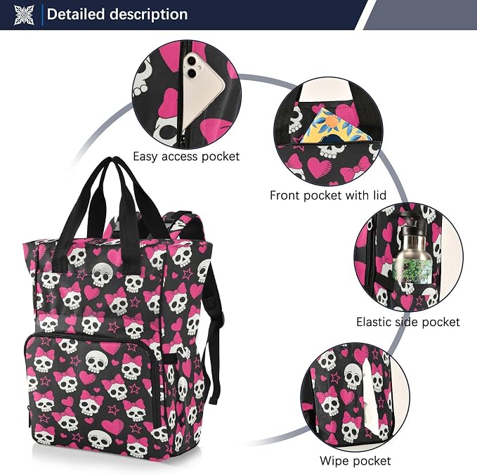 MNSRUU Diaper Bag Pink Hearts and Skulls Diaper Bag Backpack Multifunction Travel Diaper Bag Tote Large Capacity Diaper Changing Backpacks for Moms Dads - Image 2