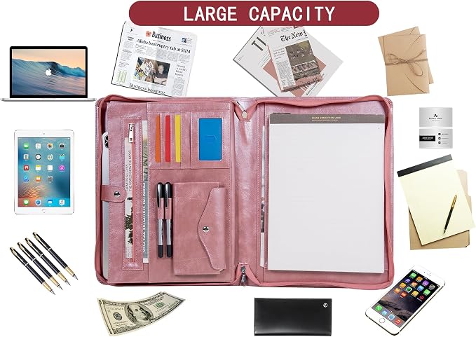 AZXCG Portfolio Binder, Pink Padfolio with Handle and Zipper,Leather Padfolio for Women,Professional Business Portfolio Organizer with A4 Notepad Holder for School,Work - Image 6