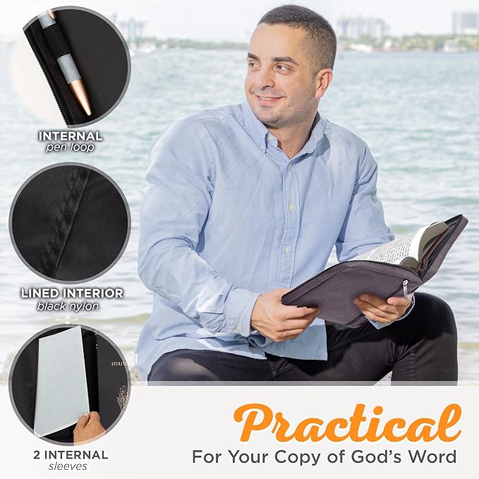 Christian Art Gifts Men & Women’s Bible Cover – Gray Canvas, Large Size with Jesus Fish Symbol – Durable, Inspirational Scripture Case with Zipper Closure, Handle, Pen Loop & Storage Pockets - Image 4