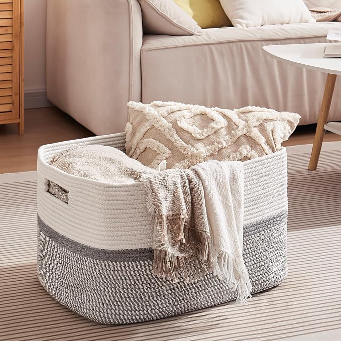 OIAHOMY Blanket Basket Laundry Basket Dog Toy Basket 75L Grey/White | Large Storage Basket,Baby Basket,Toy Storage,Woven Rope Basket for Blankets,Blanket Storage for Living Room - Image 4