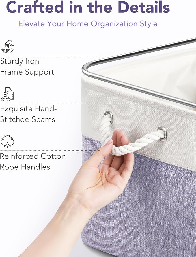 13x15x13 Inch Large Storage Bins with Cotton Rope Handles 6-Pack | Foldable, Top support of metal frame, Bottom with Cardboard Support, Fabric Cube Storage Bins for Closet, White Purple - Image 5