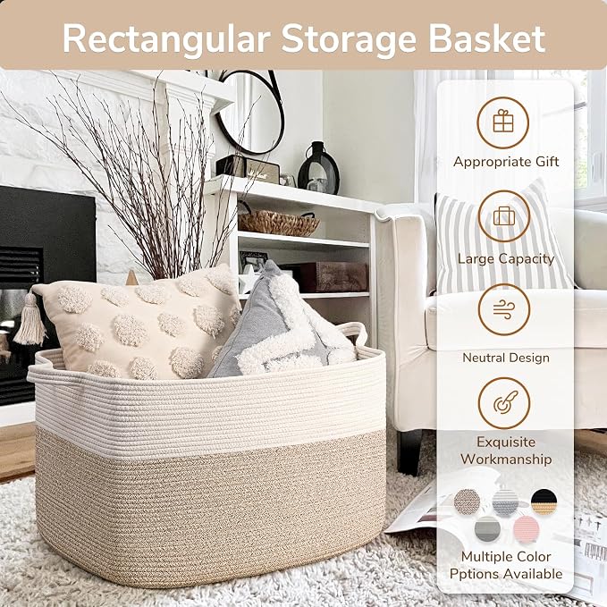 Goodpick Large Woven Blanket Basket 23.6" x 15.7" x 13.8" Cotton Rope Storage Organizer for Dirty Clothes Pillows, Soft Toy Storage Basket for Nursery Home Decor, White & Light Brown - Image 7