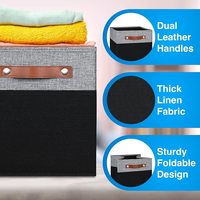 11 Inch Cube Storage Bin - 6 Pack - Linen Fabric 11x11 Cube Storage Bins for Bedroom, Living Room, Clothes and Toys; Foldable, Dual Leather Handles - Image 4