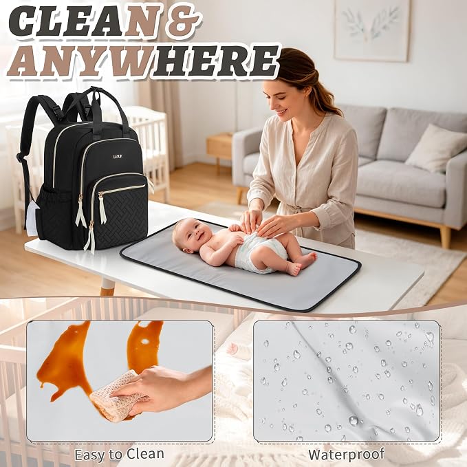 Diaper Bag Backpack, 27L Travel Quilted Baby Bags Unisex | with Changing Pad, Pacifier Bag, Stroller Straps Parents Essentials for Outdoor Trip Hospital & Daily Work, Black - Image 3
