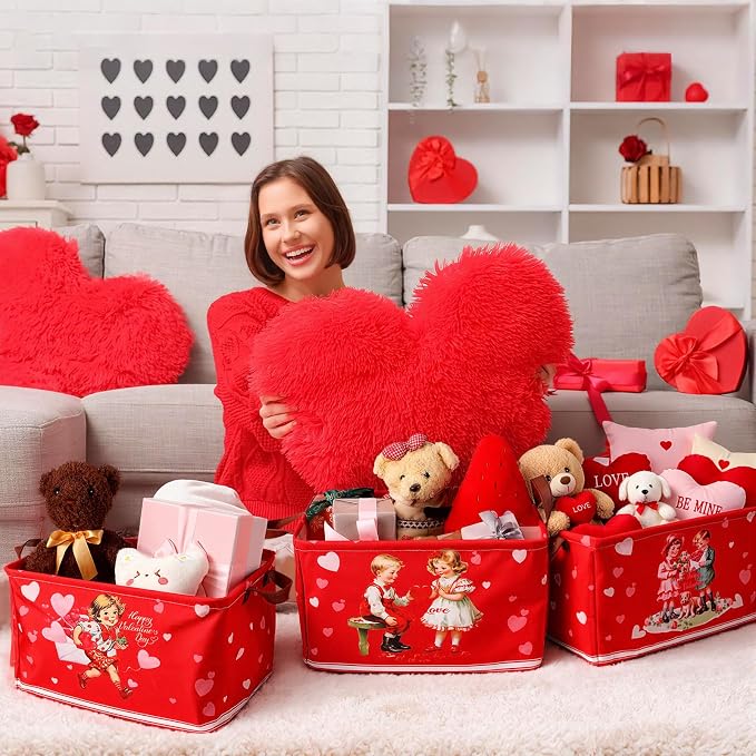 CHENGU 6 Pack Valentine's Day Storage Basket Vintage Valentine's Day Basket for Gift Collapsible Red Heart Holiday Decor Retro Large Bin Foldable Waterproof Box with Handle for Bedroom Laundry Nursery - Image 5