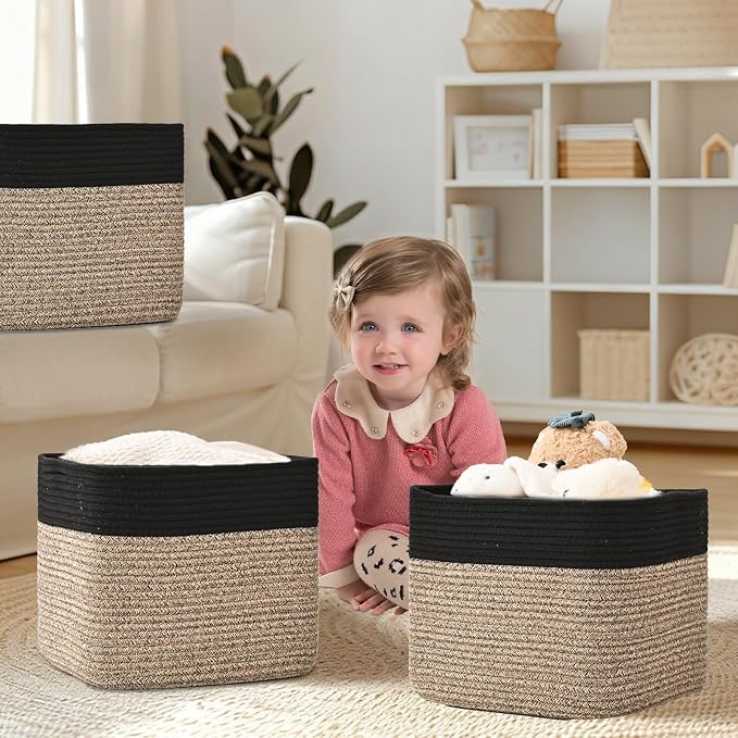3 Pack Cube Storage Bin, 12”x12”x10” Cotton Rope Woven Baskets for Organizing Toys Clothes Towels, Square Gift Storage Baskets for Shelves, Nursery, Closet, Bathroom, Pantry (Black & Brown) - Image 2