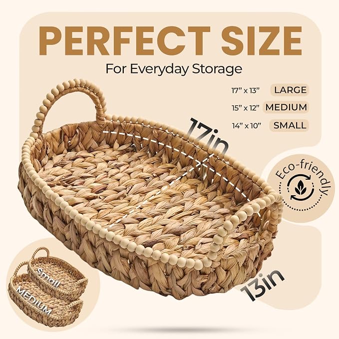 Handwoven Water Hyacinth Wicker Basket Set of 3 - Storage Baskets with Handles & Scalloped Edge for Living Room, Nursery Organization, Laundry & Pantry Wicker Baskets Use - Image 2