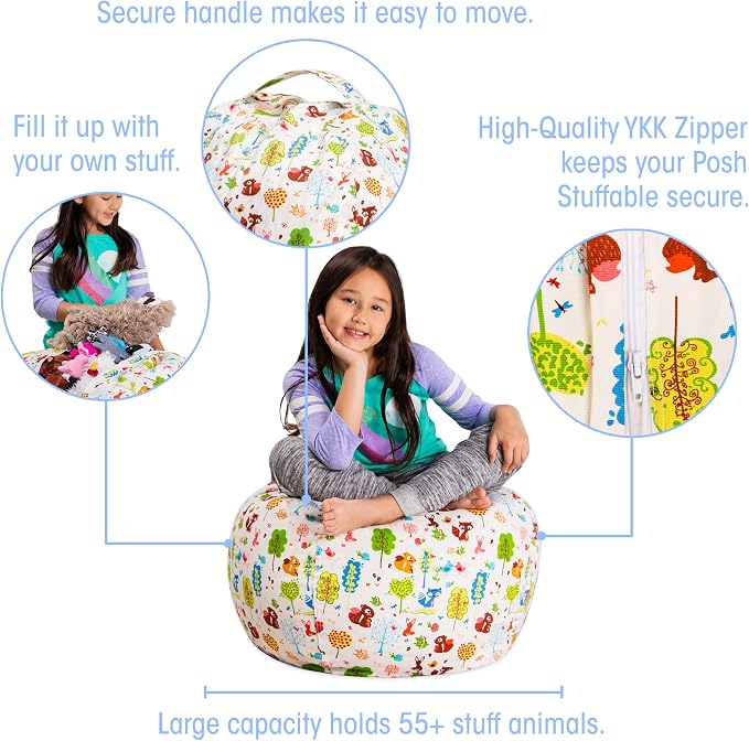 Posh Creations Stuffable Kids Stuffed Animal Storage Bean Bag Chair Cover - Childrens Toy Organizer, Medium 27" - Canvas Animals Forest Critters - Image 2