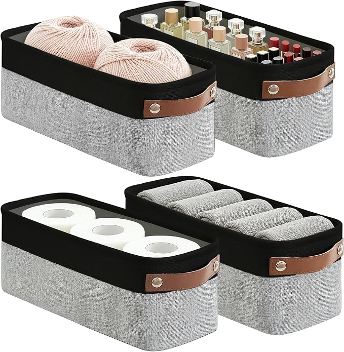 Small Fabric Storage Baskets, 15x6x5 inch Narrow Storage Bins 4-Pack Long Storage Basket for Organizing with Handles, Decorative Basket for Closets, Shelves, Toilet Paper, Grey by Bagnizer