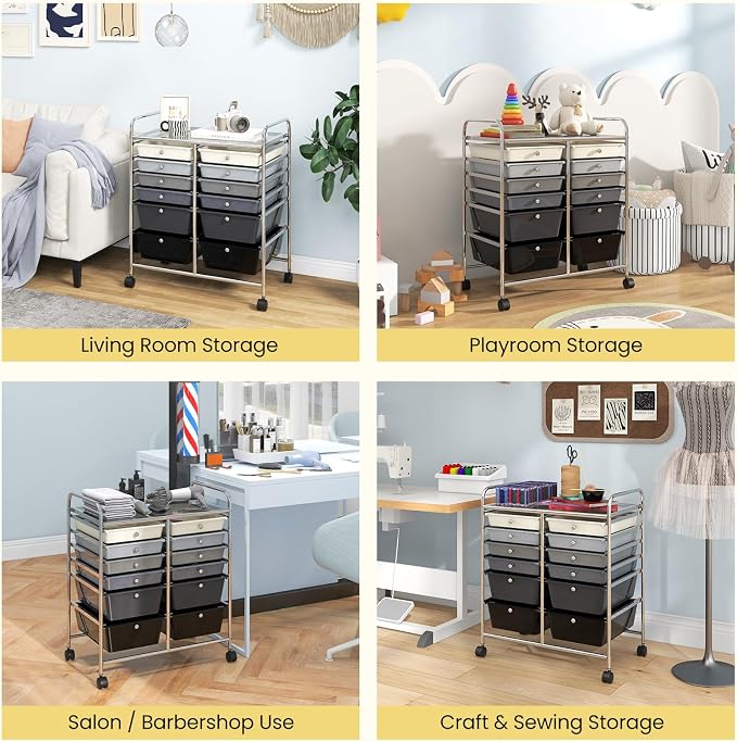 Giantex 12 Drawer Rolling Storage Cart Tools Scrapbook Paper Office School Organizer (Black Gradient) - Image 5