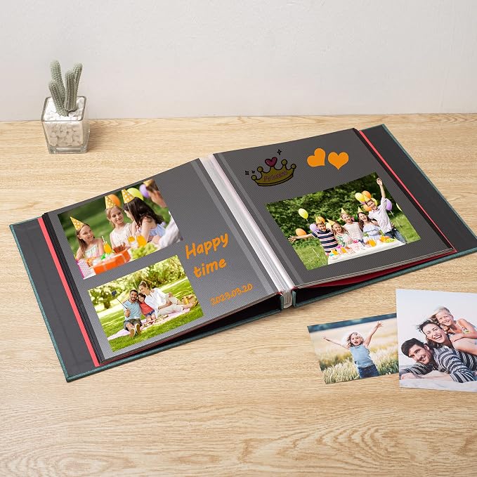 Large Photo Album Self Adhesive 4x6 8x10 10x12 13"x12.6" Scrapbook Album 12.6"x11" Inch 60 Black Sticky Pages Linen Cover Magnetic Photo Album with A Metallic Pen and DIY Stickers(Dark - Image 2