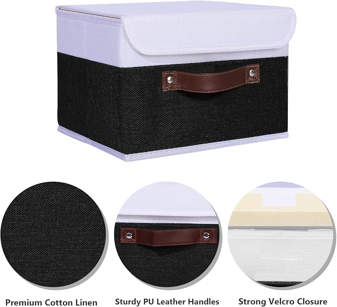 ANMINY Fabric Storage Box Bins with Lids, Black White, 13"x9"x7.9" | Keepsake Memory Storage, Cotton Linen, PP Board Reinforced, Washable, PU Handles, Foldable & Stackable, Decorative, Medium - Image 4