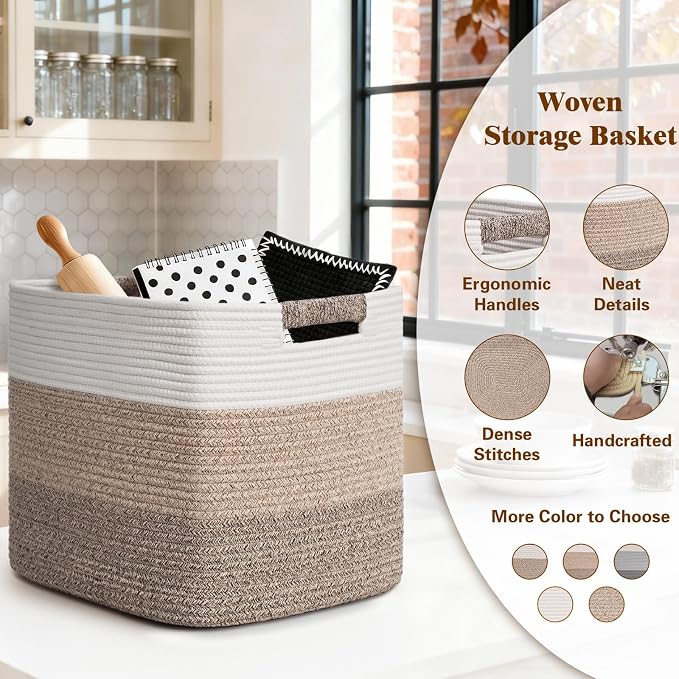 15×13 Inch Storage Cubes, 3 Pack Cube Storage Bins for Organizing, Cotton Rope Woven Baskets for Shelves, Bathroom, Kids Room, Closets, Baby Nursery - Image 4