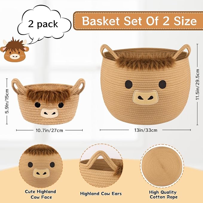 Highland Cute Cow Basket Set for Nursery, Woven Storage Cotton Rope Basket, Baby Blanket 0rganizer with Ears Handles, Blanket Towel Decor Toy Clothes Gifts Storage Cat Dog Bin, Pack of 2 - Image 2