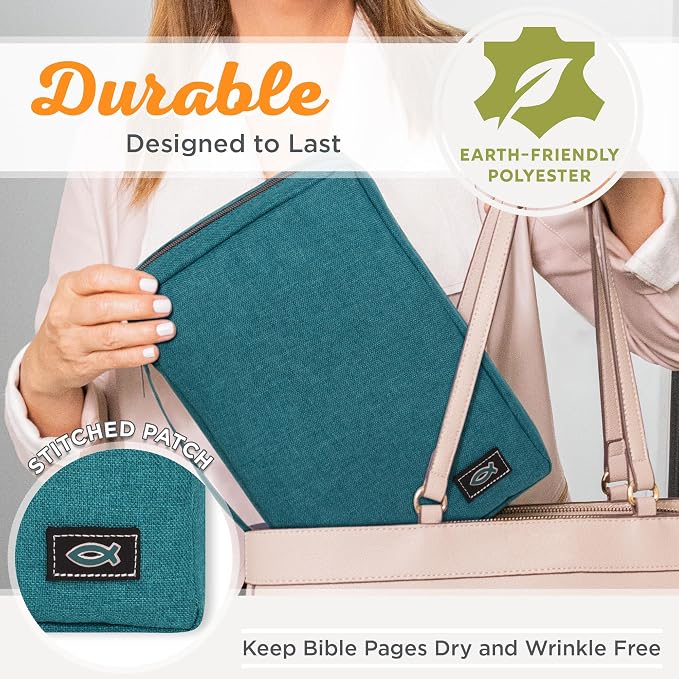Christian Art Gifts Men/Women's Bible Cover Jesus Fish, Teal Canvas, Medium - Image 9