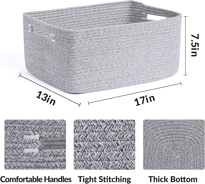 MiniArk Large Storage Baskets for Shelves, 17 x 13 x 7.5” Closet Organizers Bins for Clothes Blanket Towels, Baby Nursery, Toy Baskets Box, Woven Rope Baskets, 2 Packs Mixed Grey - Image 2