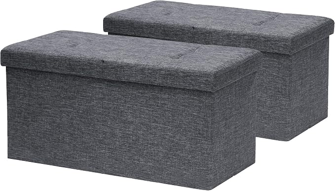 Otto & Ben [2pc Set] Folding Toy Box Chest with SMART LIFT Top Linen Fabric Ottomans Bench Foot Rest for Bedroom and Living Room, Dark Grey - Image 4