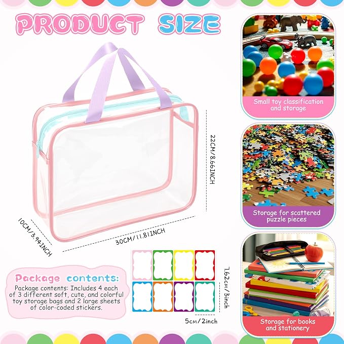 Shinylin 12 Packs Large Toy Storage Bags with Labels Clear PVC Toy Organizer with Zipper Colorful Classroom Storage Reusable Waterproof Organizer for Playroom School Blocks Game (Mix Pastel Color) - Image 2