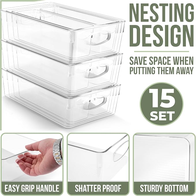 Sorbus Variety 15-Pack Clear Plastic Organizing Bins – Clear Bins for Organizing, Refrigerator Organizers, Fridge Organizer, Pantry Storage, Kitchen Organizer, and Pantry Organizers and Storage Bins - Image 2