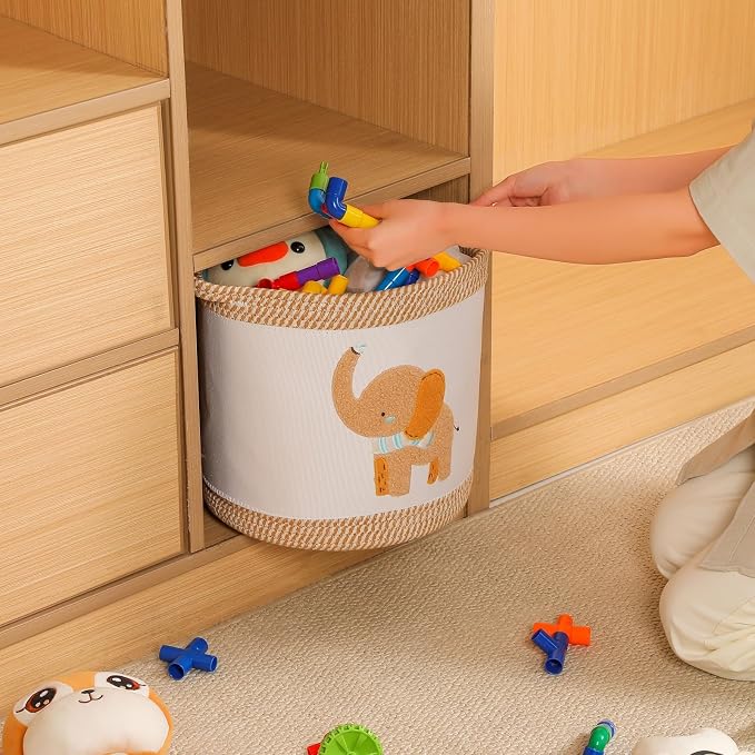Baby Toy Basket Blanket Baskets Laundry Hamper Cute Elephant Nursery Organization Bins with Handle, Woven Cotton Rope Nursery Storage Basket For Girls Boys Kids Baby Shower Gifts Baskets - Image 4