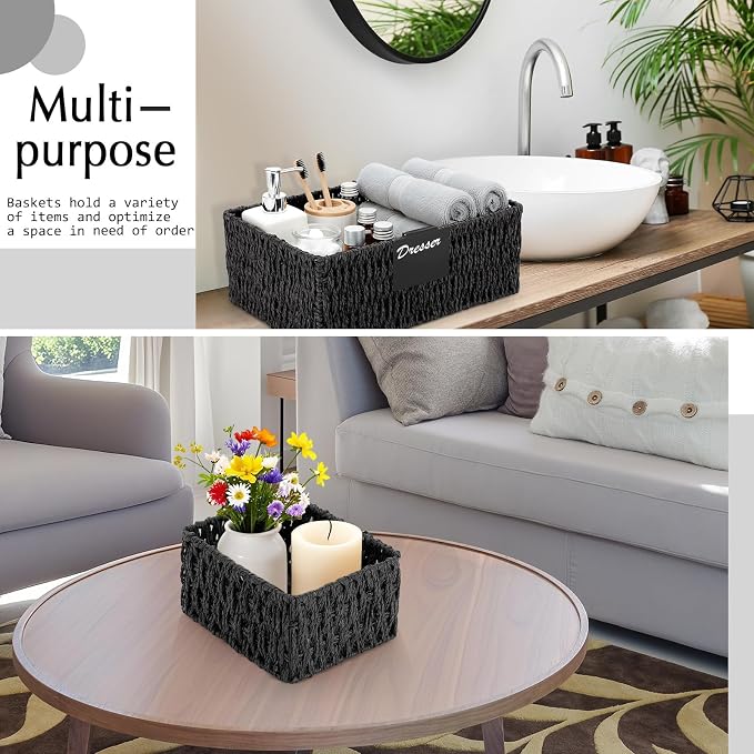 Marsui 6 Pcs Wicker Storage Baskets for Pantry Organization with Labels Handwoven Paper Rope Multi-size Black Wicker Storage Bins for Organizing Small Baskets Container for Shelves Closet Toilet - Image 5