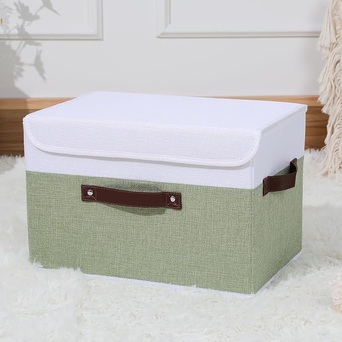 ANMINY Fabric Storage Box Bins with Lids, Green White, 15"x10"x10" | Keepsake Memory Storage, Cotton Linen, PP Board Reinforced, Washable, PU Handles, Foldable & Stackable, Decorative, Large - Image 6