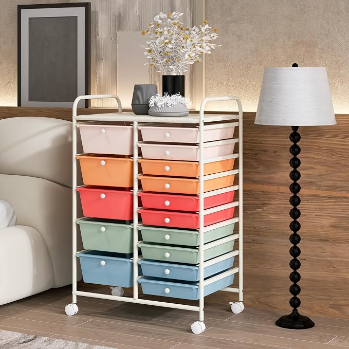 RELAX4LIFE 15-Drawer Storage Drawer Carts - Mobile Rolling Utility Cart w/Wheels, Craft Organizer for Classroom Organization and Storage, School, Office, Home, Storage Organizer Cart (Macaron) - Image 9