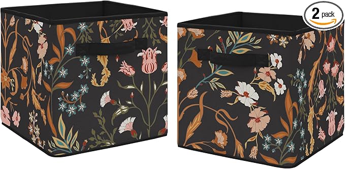 Sweet Jojo Designs Boho Wildflower Vintage Floral Girl Collapsible Fabric Storage Cubes Foldable Bins Organizer Boxes Kids Baby Childrens Toys Set of 2 Black Orange Teal Bohemian Farmhouse Cottagecore by SweetJojoDesigns