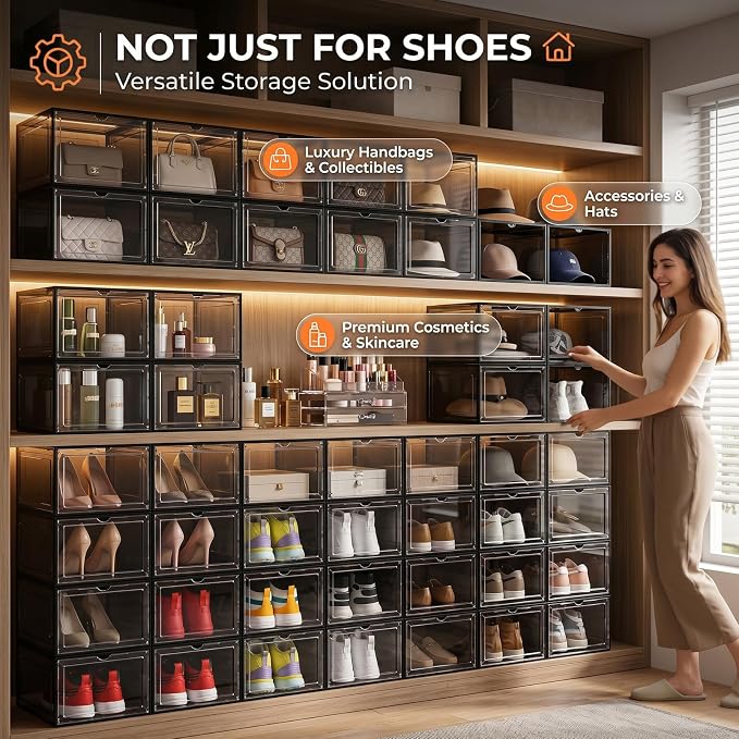 Large Black Shoe Storage Boxes Stackable, 12 Pack Hard Plastic Shoe Storage Organizer with Magnetic Door, Shoe Container Sneaker Storage Display Case Fit up to US Size 12 Black - Image 6