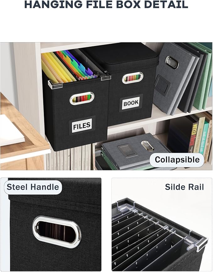 File Organizer Box with Lid, Hanging Filing File Box with Mesh Pocket, Document Organizer Box for Letter Files, Portable Storage Box with Smooth Sliding Rail for Office&Home (1 PCS, Black) - Image 5