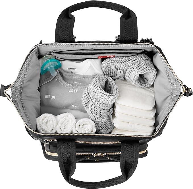 Skip Hop Diaper Bag Backpack: Mainframe Large Capacity Wide Open Structure with Changing Pad & Stroller Attachement, Black with Gold Trim - Image 3