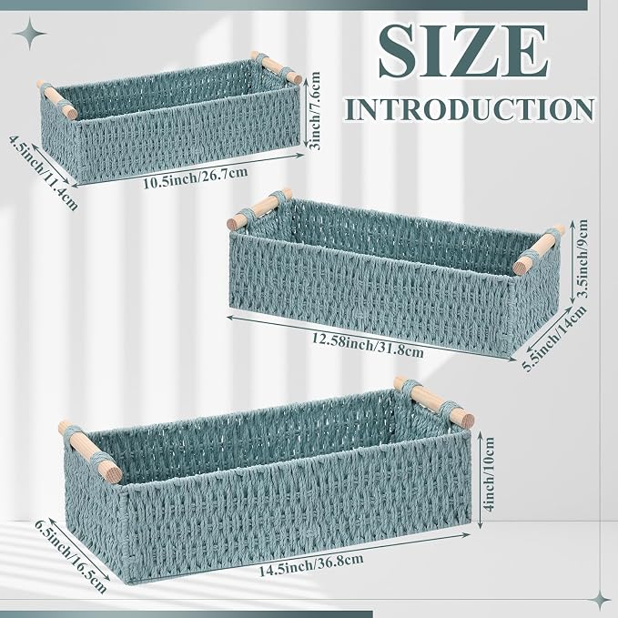 Boao 3 Pcs Boho Storage Wicker Baskets Handmade Woven Decorative Paper Rope Baskets for Organizing with Handle Countertop Toilet Paper Storage Container for Toilet Tank Top(Grey Blue,Rectangle) - Image 3