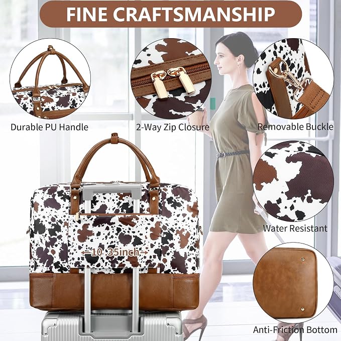 3PCS Weekender Bags for Women Large Overnight Bag, Brown Cow | Weekender Travel Duffel Bags Carry on Shoulder with Shoe Compartment Toiletry Bag Satchel Bag for Travelling Business Gym - Image 5