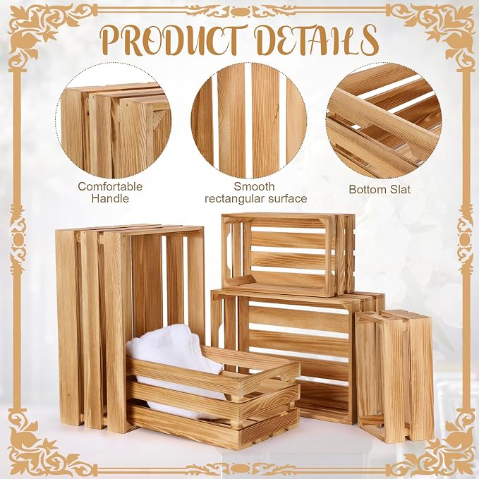 Soaoo 5 Pcs Decorative Nesting Wooden Crates for Storage Display 5 Size Large Small Rustic Wood Decorative Storage Crates with Handle Farmhouse Crate Box Container Made from Pine(Classic Color) - Image 3