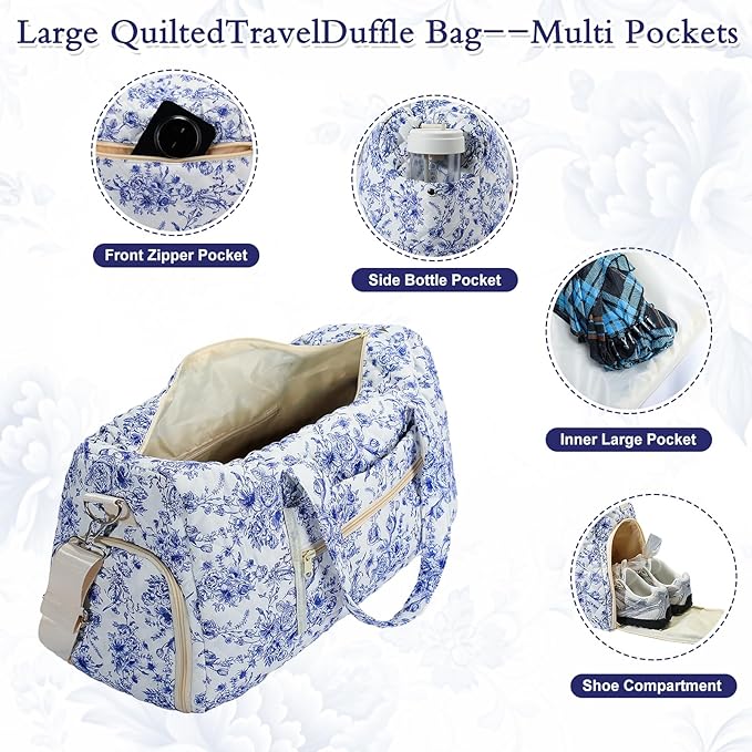 Quilted Floral Duffel Bag 2 Pack Weekender with Shoe Compartment | Women's Overnight Hospital Bag for Labor Delivery, Carry-On Travel Duffel with Toiletry Pouch for Gym & Weekend Getaway - Image 3