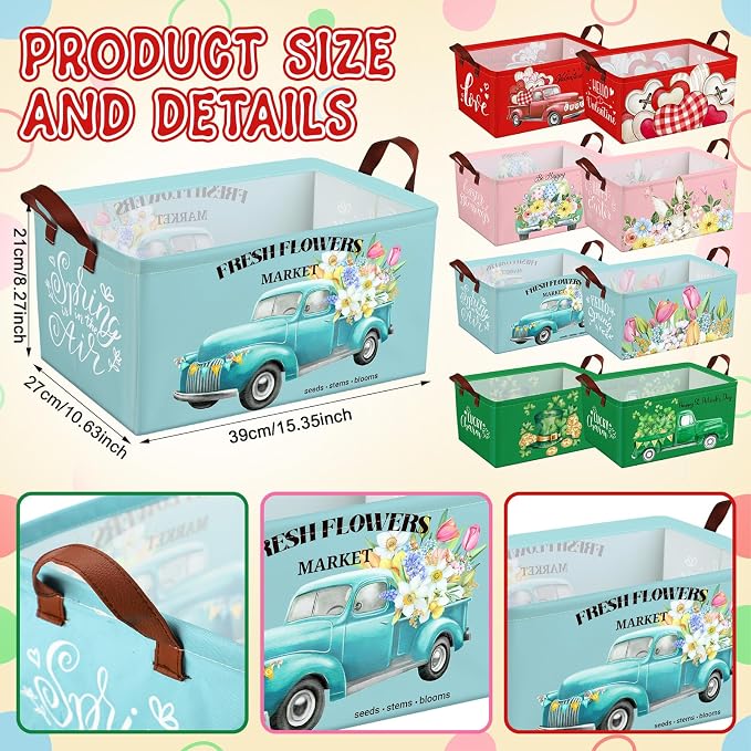 CHENGU 8 Pack Large Easter Gifts Baskets Empty Collapsible Holiday Storage Bin St Patricks Day Valentines Canvas Laundry Basket Foldable Box with Handle for Home Office Bedroom Clothes Toys - Image 3