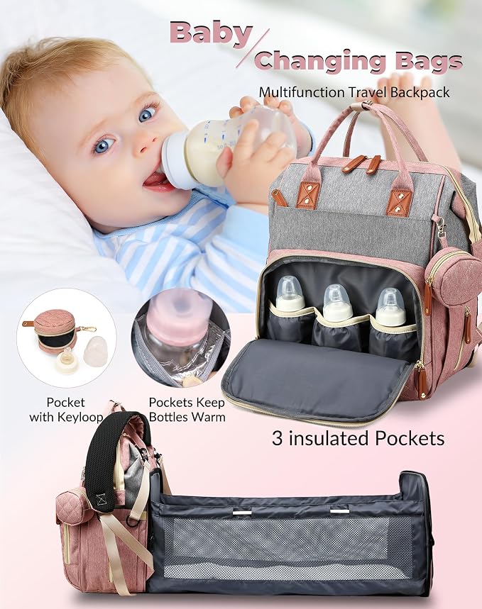 Diaper Bag with Changing Station, Waterproof 3 in 1 Diaper Backpack with Foldable Changing Pad, Large Travel Backpack for Mom & Dad, Baby Gift for Baby Girl & Boy, Pink-Grey - Image 2