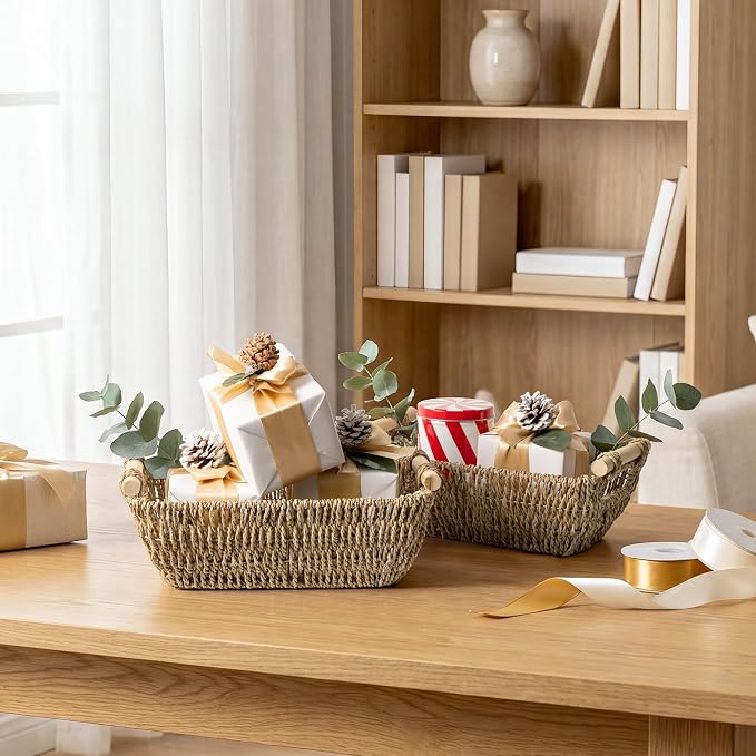 StorageWorks Small Baskets for Shelf, Seagrass Woven Basket for Gifts | Wicker Storage Baskets for Shelves, Baskets with Wooden Handles, 2-Pack Gifts Basket for Home Decor, Hand-Woven Basket - Image 8