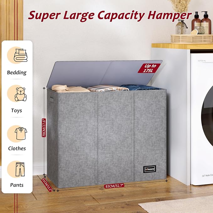 175L Laundry Hamper 3 Section,Large Laundry Hamper with Lid,Dirty Clothes Hamper with 3 Inner Bags,Collapsible Laundry Basket Organizer for Laundry Room,Bedroom,Laundry Sorter Hamper 3 Compartment - Image 2