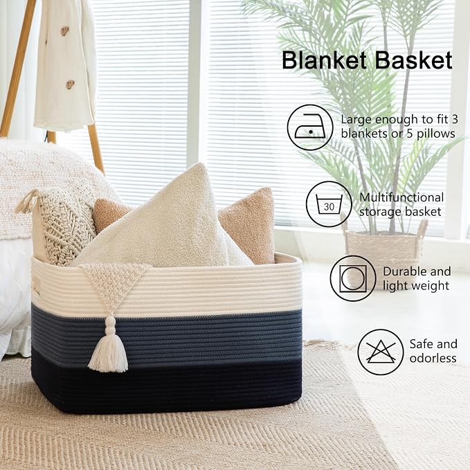 OIAHOMY Blanket Basket Laundry Basket Dog Toy Basket 108L Gradient Blue | Large Storage Basket,Baby Basket,Toy Storage,Woven Rope Basket for Blankets,Blanket Storage for Living Room - Image 6